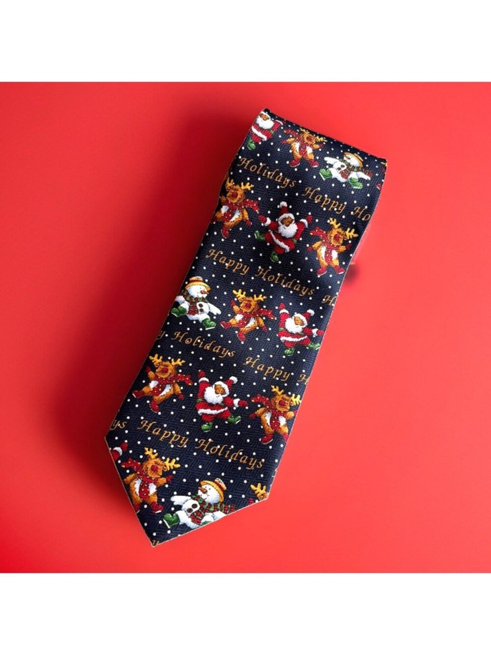 Vintage Happy Holidays Tie Necktie Christmas Santa Claus Snowman Reindeer Snow